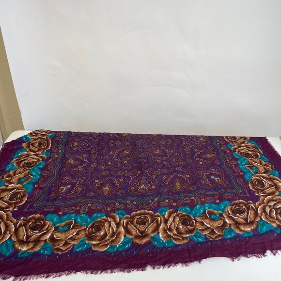 NWT Vintage Symphony Floral Fringe Square Scarf OS Womens Purple Rayon 70s 80s - Picture 4 of 7